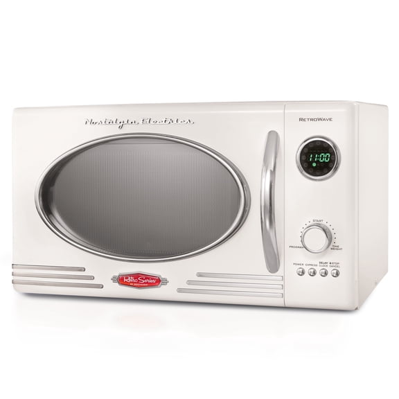 Nostalgia 0.9 cu ft Retro Microwave Oven, 800W Countertop Microwave Oven with Digital Clock, White