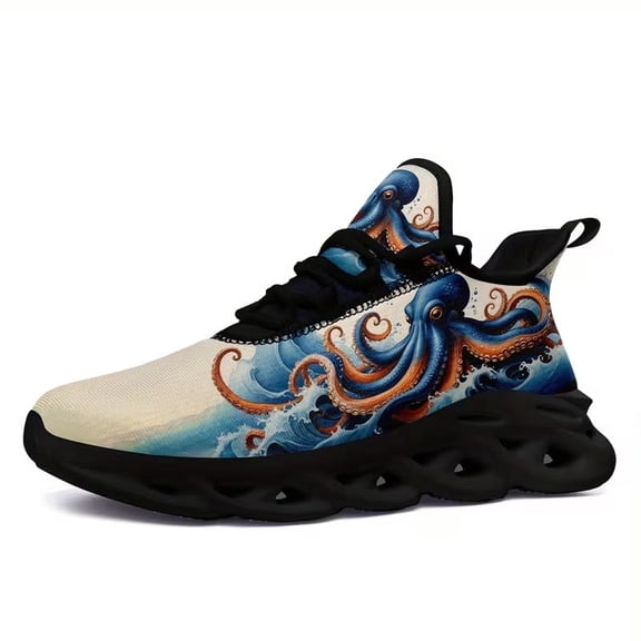 Coolcustomize Men's & Women's Mid Top Sneakers Wide Comfortable Plus Size, Personalized Gothic Octopus Design Printed Sport Shoes, Beige Blue Trainers