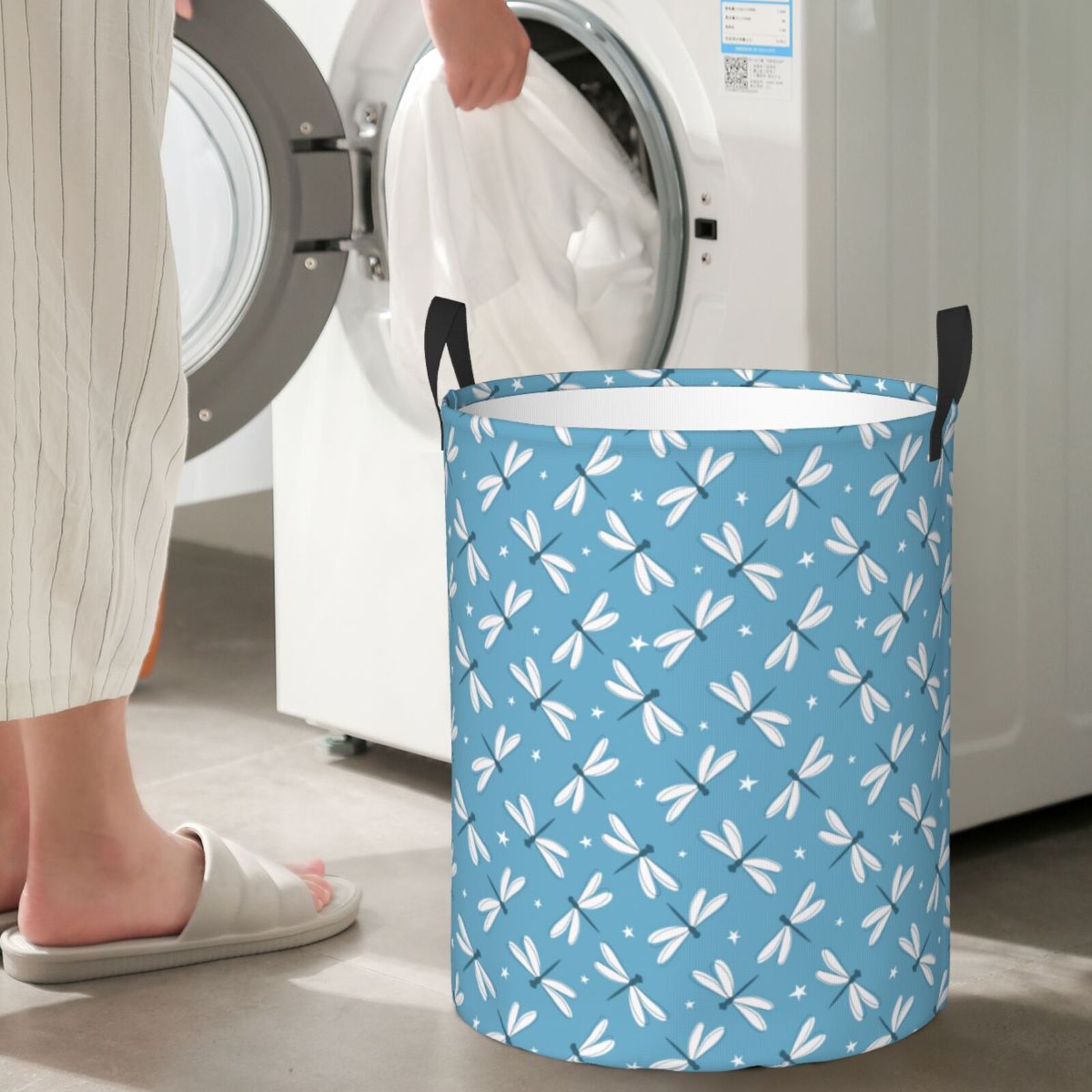 Large Laundry Basket with Handles - White Star Dragonfly Kids Baby Dirty Clothes Laundry Hamper for Bedroom Aesthetic