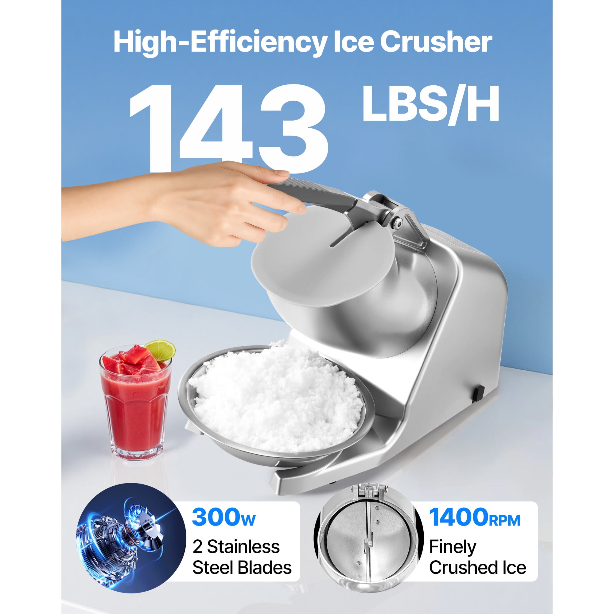 KFFKFF Electric Ice Crusher Machine, 143lbs/hr Dual-Blade Snow Cone Maker, Stainless Steel Shaved Ice Machine with Bowl and Cover, 300W 2000RPM for Home and Commercial Use, Silver