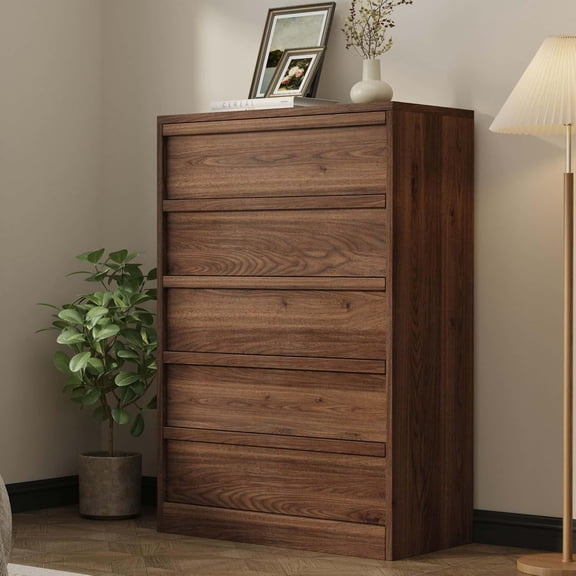5 Dresser for Bedroom, 43.3" Tall Dresser, Freestanding Horizontal Drawer with Storage, Wooden Closet Chest Storage for Living Room, Hallway, Entryway, Walnut