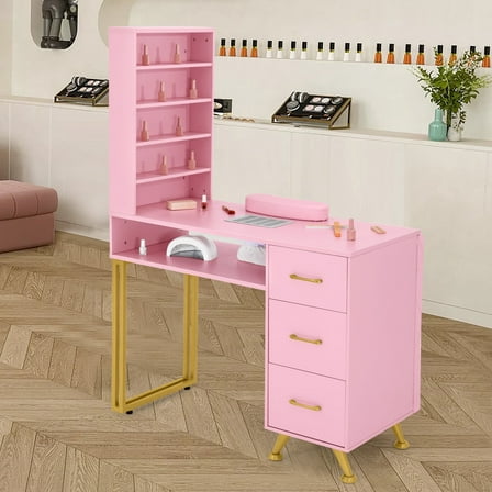 Pro Pink Manicure Table Nail Desk Nail Workstation for Nail Tech Beauty Salon Spa with Dust Collector,3 Drawers,Open Shelves,Arm Rest Cushion