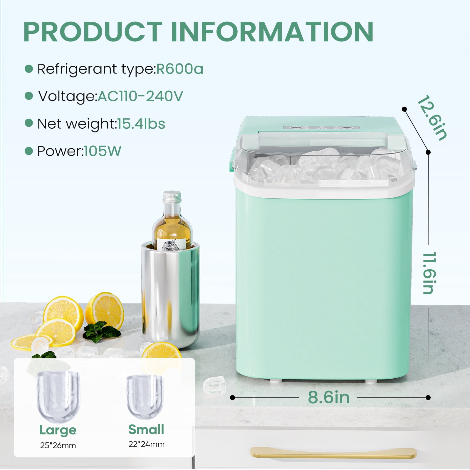 CONCETTA Countertop Ice Maker, Machine Self-Cleaning, 2 Sizes Bullet Ice, Portable Ice Machine with Ice Scoop, Basket and Handle, Green