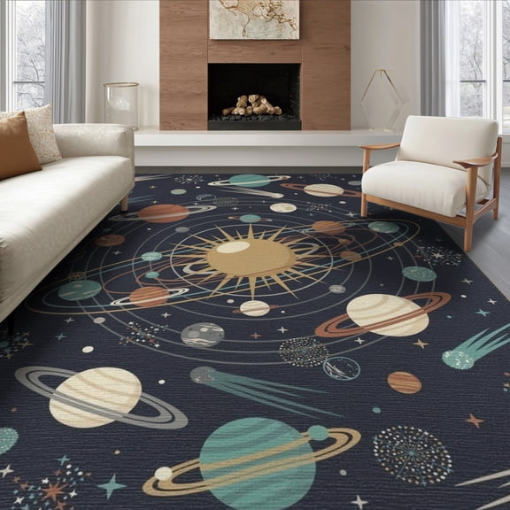 ODIKA 8'x10' Washable Area Rug System Galaxy Planet Map With Ringed Worlds And Comet Trails for Living Room, Under Sectional, Family , Durable, Non-Slip