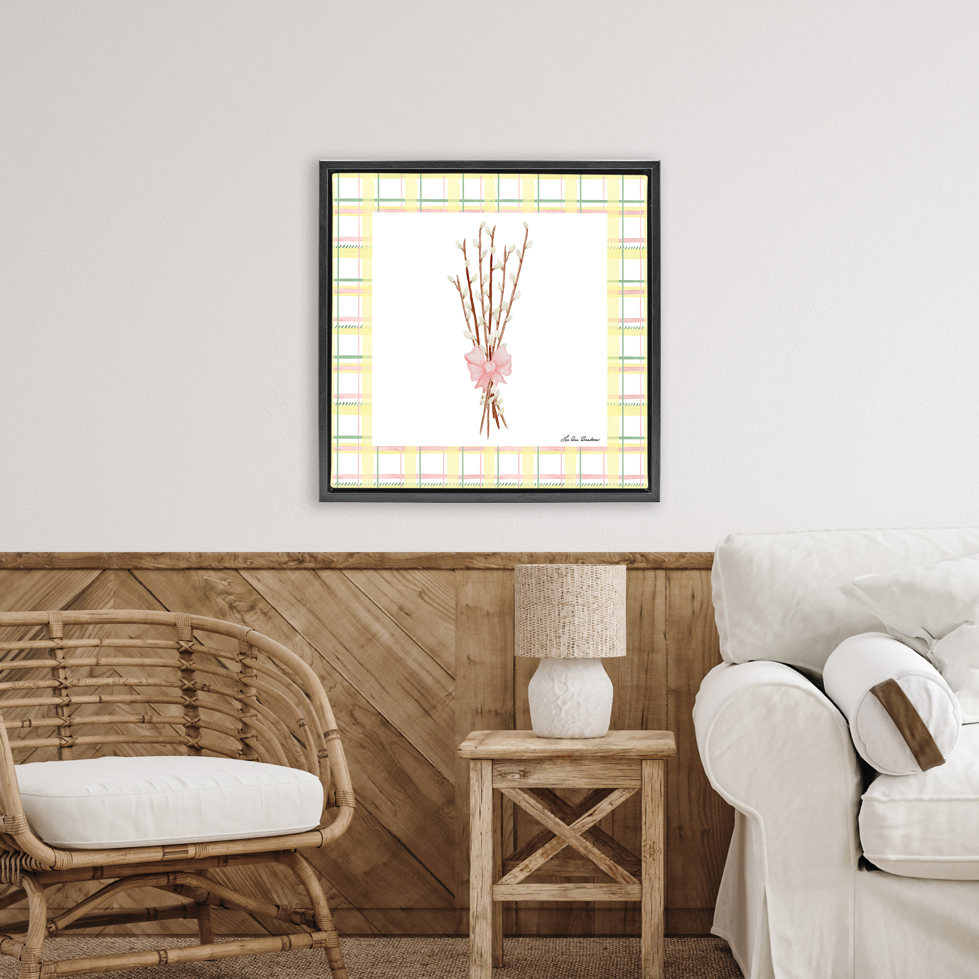 Pastel Spring Pussy Willow Black Framed Floater Canvas Wall Art, design by Lee Ann Sanders