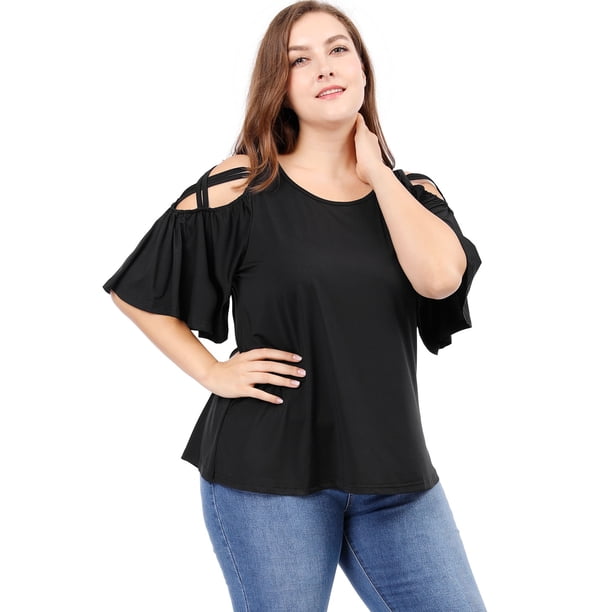 BluTop TalExtMangas De TrompeHombro Frío De Tiras PaMujer Negro XL