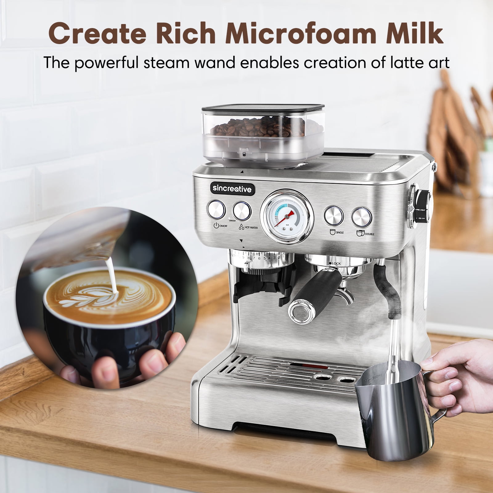 Buy Sincreative Espresso Machine with Grinder, 20 Bar Semi Automatic
