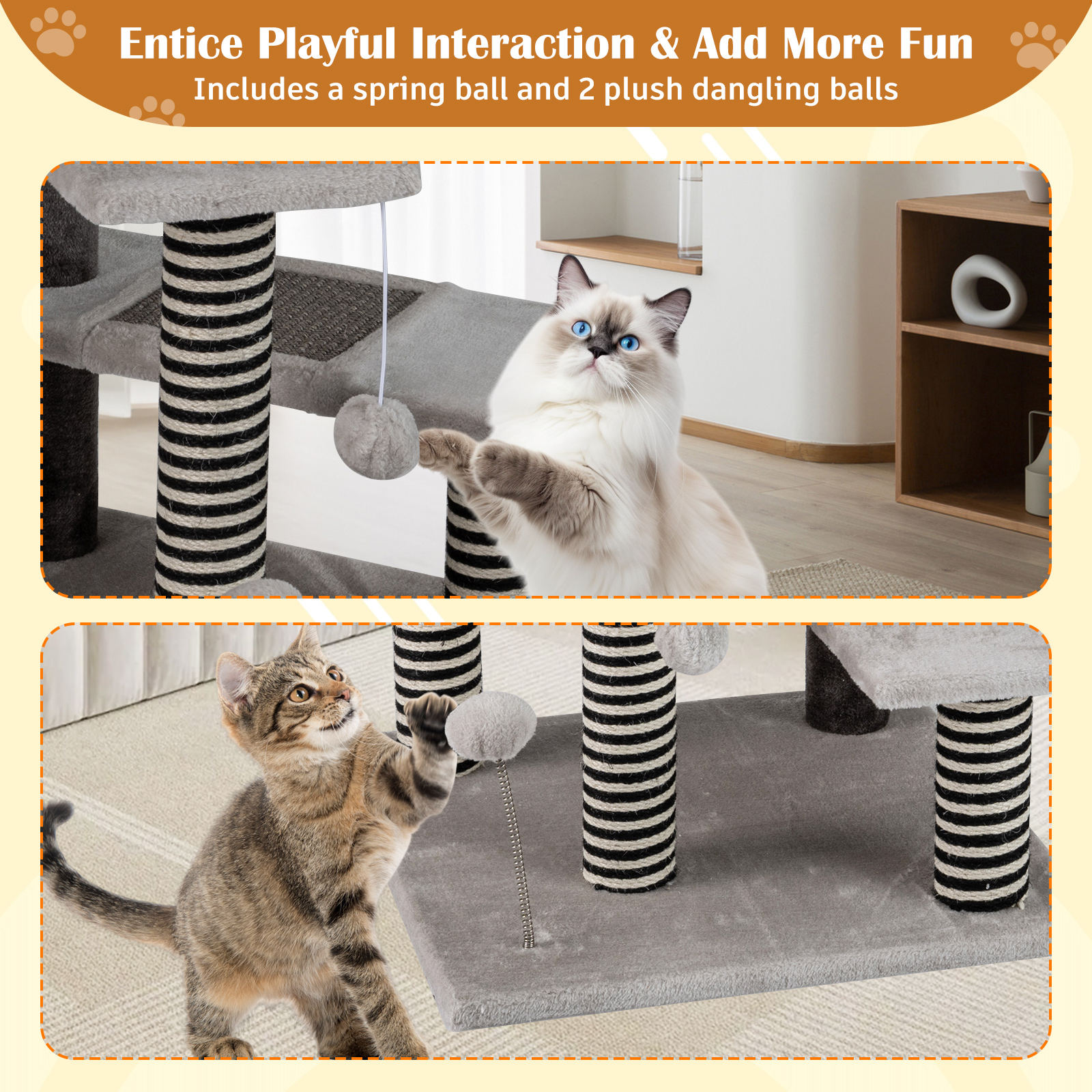 Gymax 2-in-1 Cat Tree Tower Pet Steps w/ Scratching Posts Hanging Toy Ball Perch