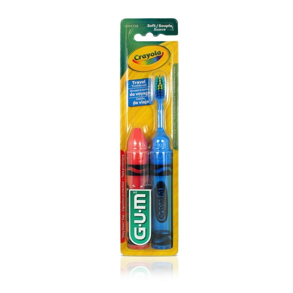 GUM Crayola Kids' Travel Toothbrush, Antibacterial Bristles, Soft, Ages 4 , 2 Count (3pk)
