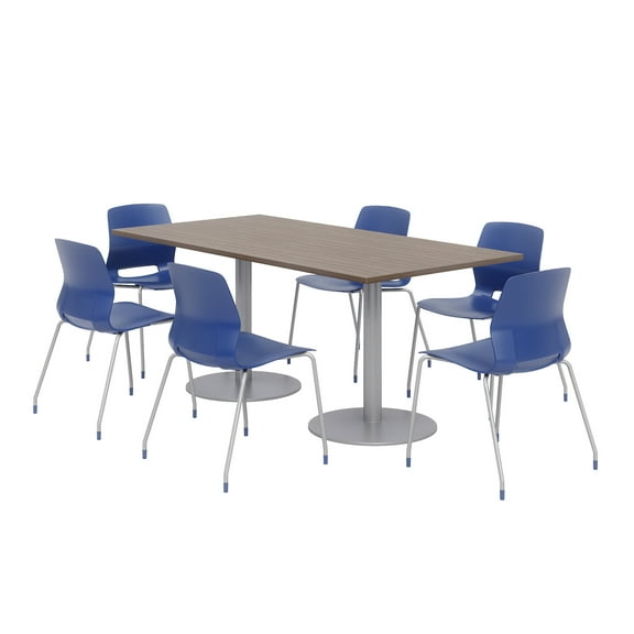 36 x 72" Table - 6 Navy Lola Chairs - Teak Top - Silver Base