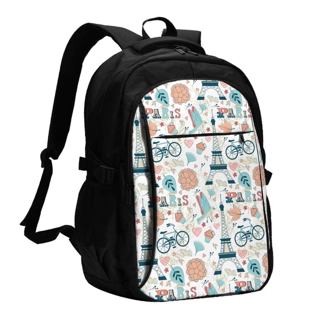 Balery Eiffel Tower Mochila con carga USB para hombre y mujer - Mochila impermeable y antirrobo para portátil con puerto USB para viajes, trabajo, estudios y universidad