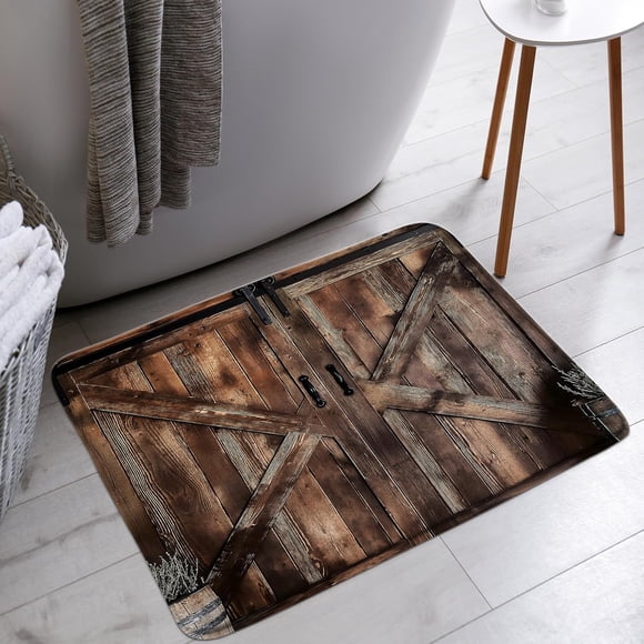 YSATNSFT Rustic Barn Door Bath Mat Farmhouse Vintage Country Wood Board Bathroom Bathtub Floor Rugs Doormat Toilet Decor,16 x 24 in