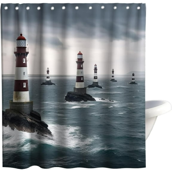 Nautical Shower Curtains Lighthouse Beach Theme Cloth Fabric Ocean Bathroom Decor Sets with Hooks Waterproof Washable 72 x 72 inches Blue Gray