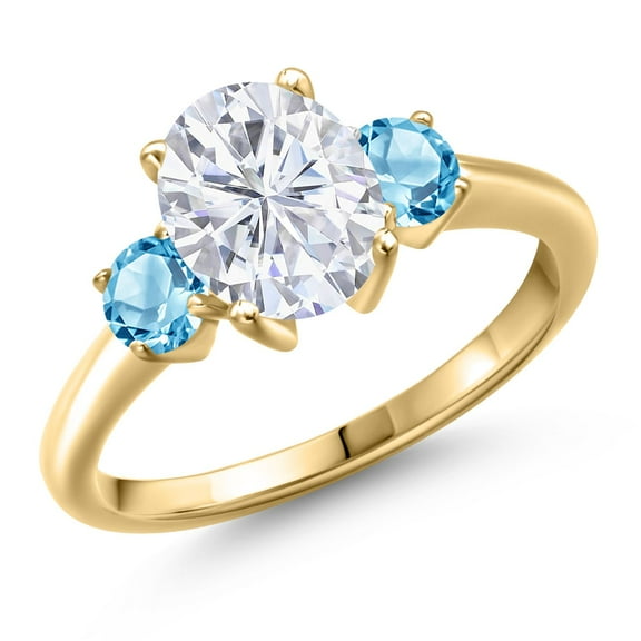 Gem Stone King 18K Yellow Gold Plated Silver White Moissanite and Swiss Blue Topaz Engagement Ring for Women | 2.81 Cttw | Oval 9X7MM | Gemstone Birthstone | Size 7