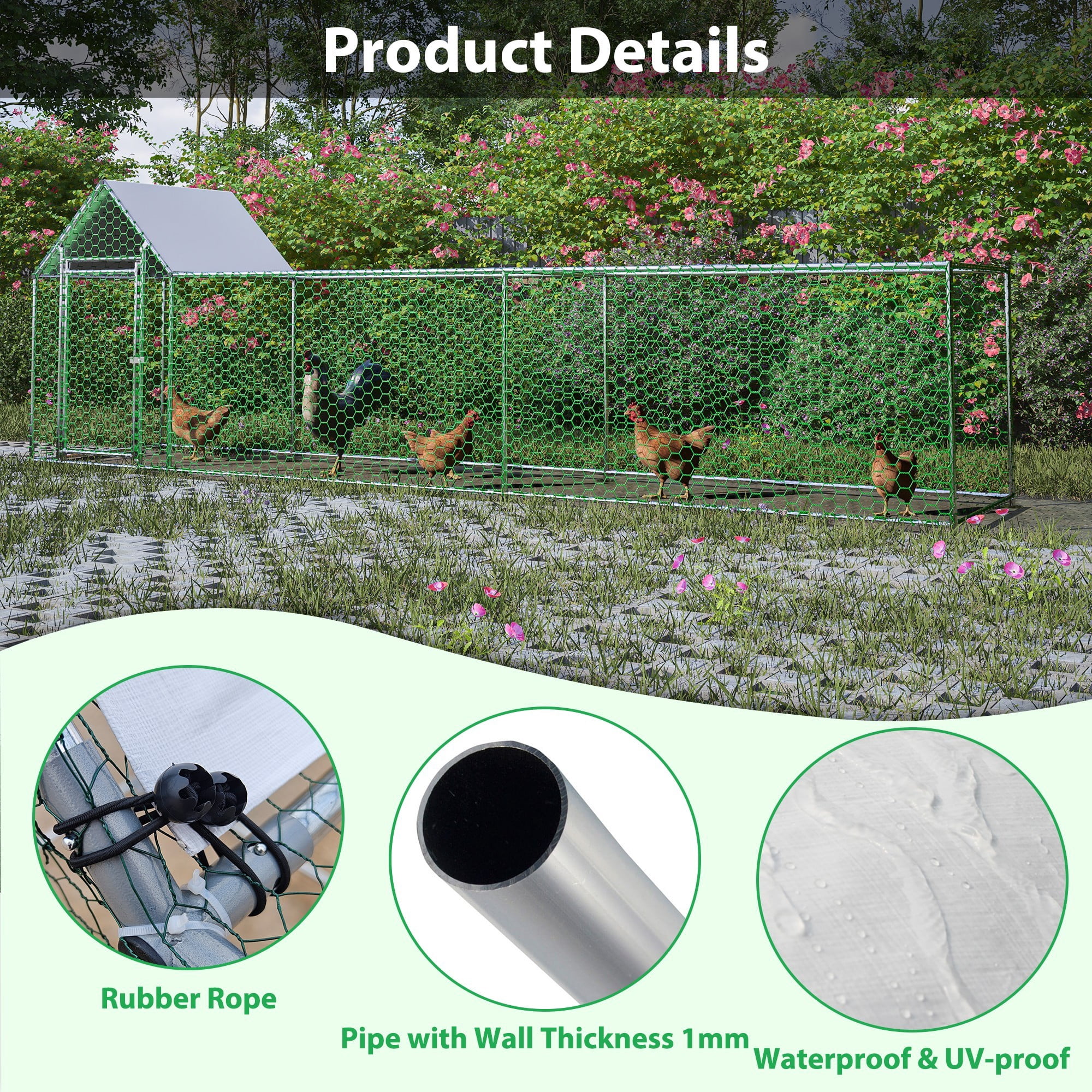 Aukfa 16x3FT Metal Chicken Coop with Run, Outdoor Backyard Hen House Poultry Habitat Cage w/Cover