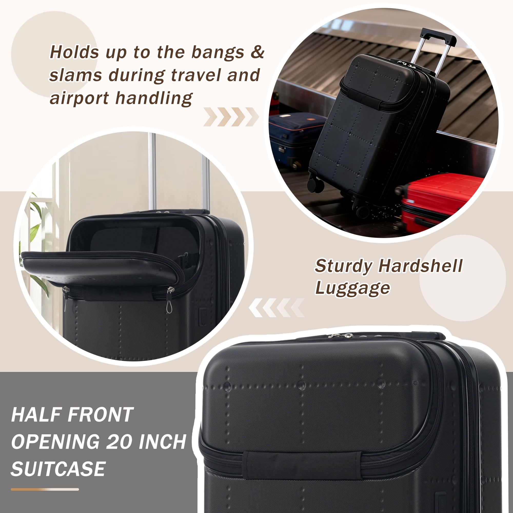 Euroco Luggage Sets 5 Piece, ABS Hardside Expandable Suitcase Set with TSA Lock Spinner Wheels and 2 Bags,20" Half-opening Carry on Luggage with USB Port for Travel,Black(20"/24"/28")