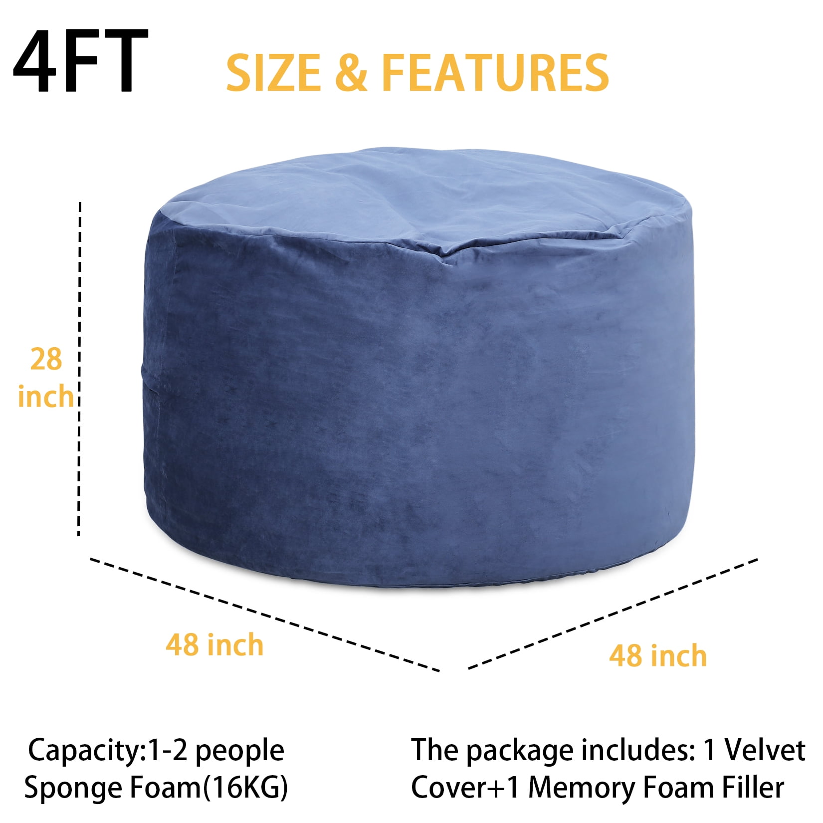 EDUJIN 4 ft Bean Bag Chair: 4' Large Memory Foam Bean Bag Chairs for Adults  with Filling,Ultra Soft Dutch Velvet Cover,Round Fluffy Lazy Sofa for