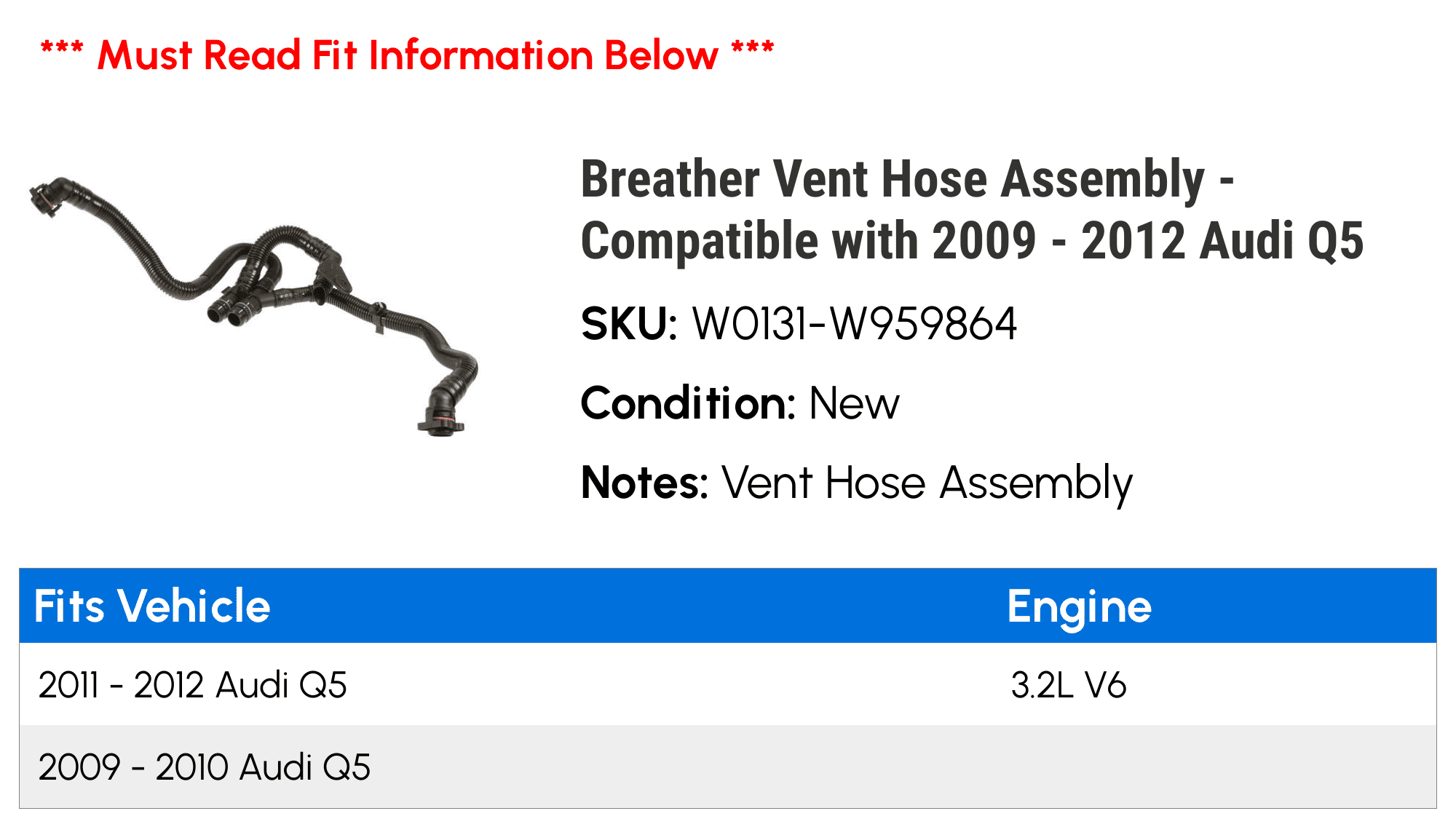 Breather Vent Hose Assembly Compatible with 2009-2012 Audi Q5 