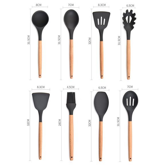 Accessoires de Cuisine Ustensiles de Cuisson en Silicone Ensemble d'Accessoires de Cuisine Outil Fouets à Oeufs Pelle Cuisson Antiadhésif Manche en Bois