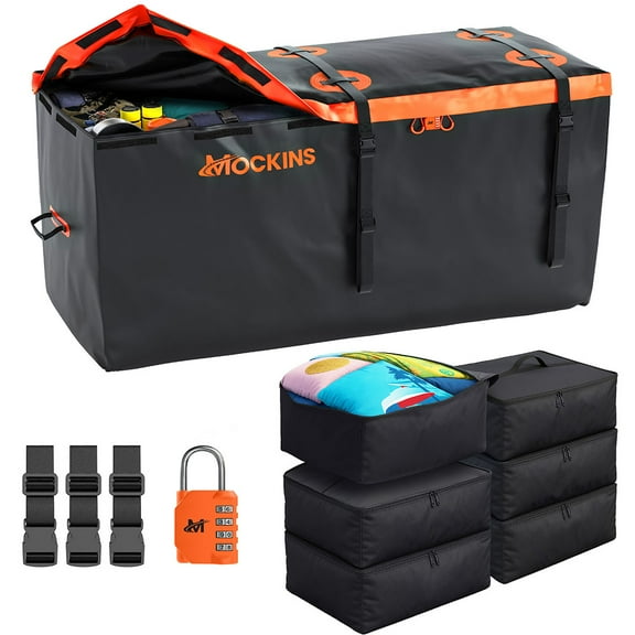 Mockins 30 Cu Ft. Orange Waterproof Cargo Bag (60" x 24" x 36") with 6 Packing Cubes(29"x23"x12"), Lock and Straps