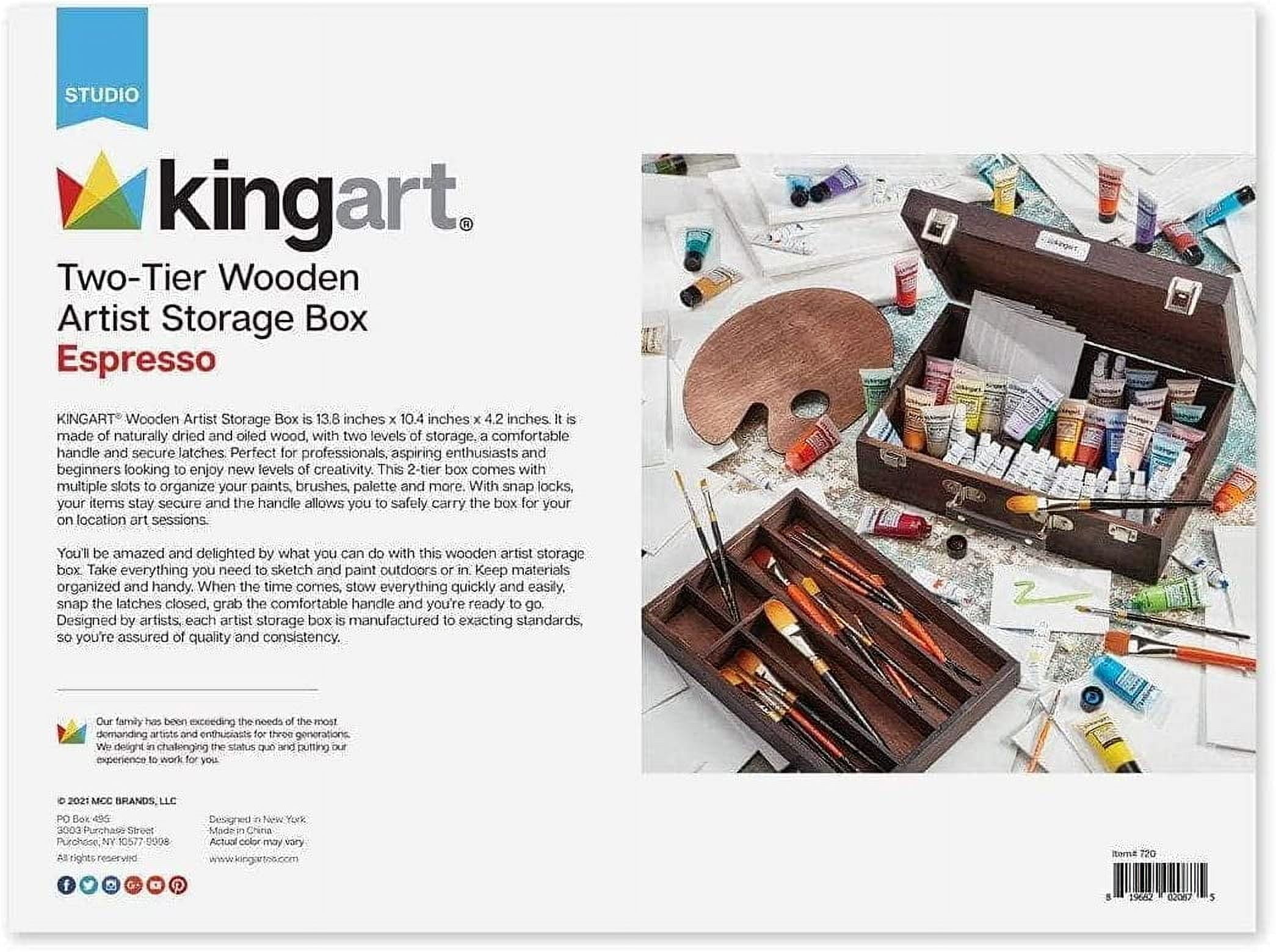 Wood Art Storage Box With Espresso Stain, 2-Tier Wood Case with 10 Dividers, Holds Markers, Paint, Brushes, Pencils, And More