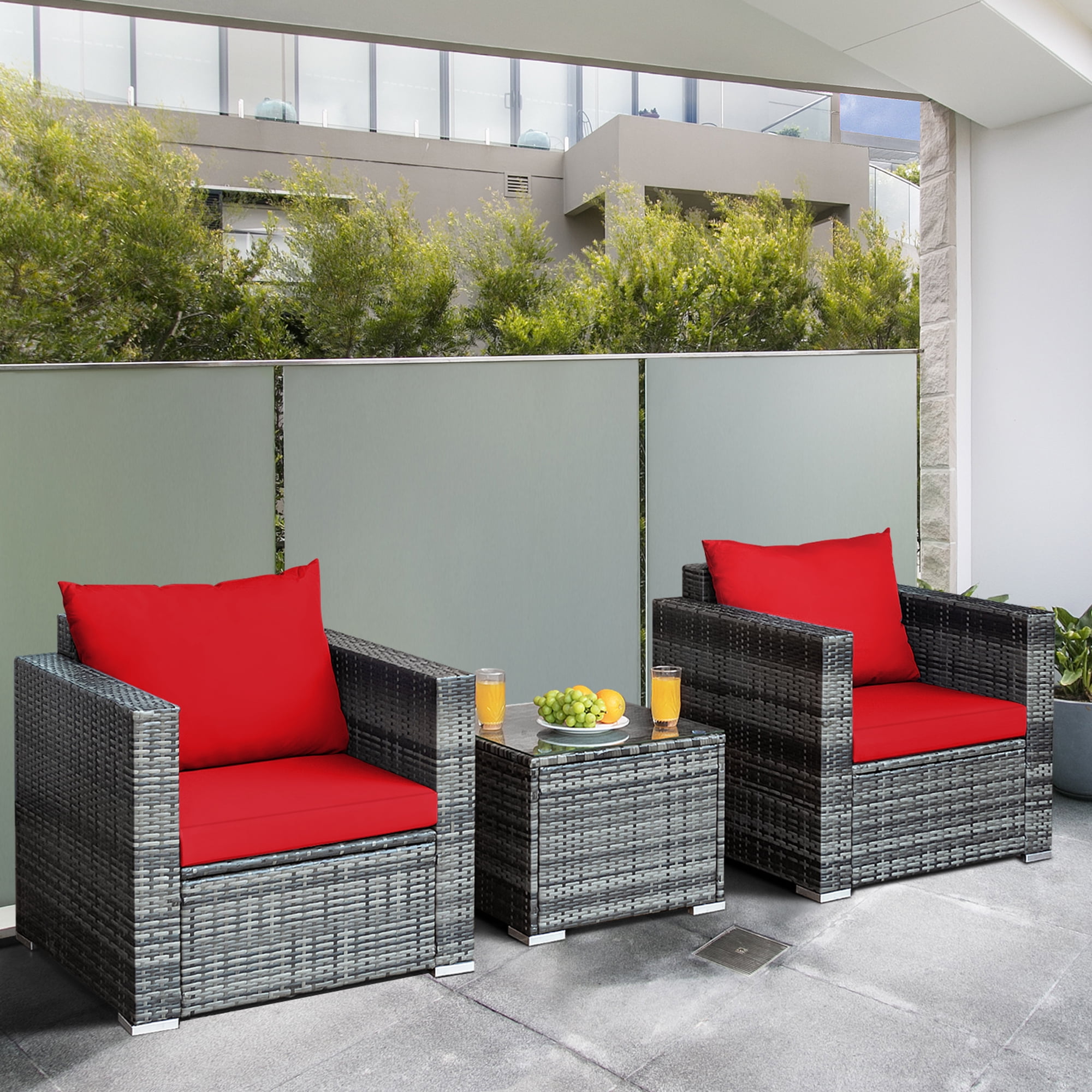Gymax 3-Pieces Patio Conversation Rattan Furniture Set Outdoor with Red Cushion