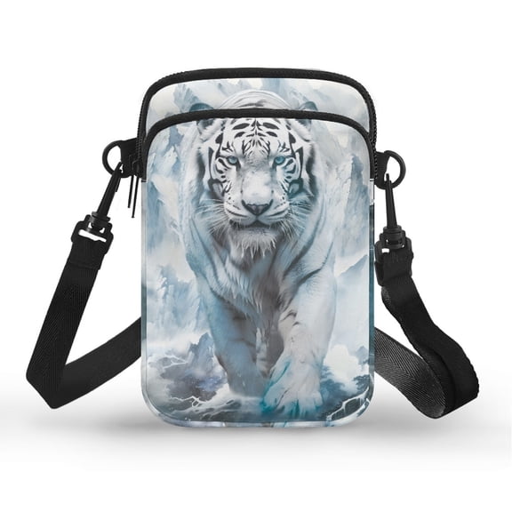 HELLHERO White Tiger Pattern Sling Bag for Adults Double Zipper Women Messenger Bag Polyester Double Deck