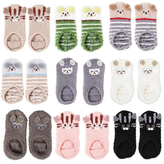 Women Cartoon Animal Fuzzy Velvet Short Slipper Socks Embroidery Cute Fluffy Plush Winter Warm Non-Slip Floor Boat Hosiery with Grippers 9