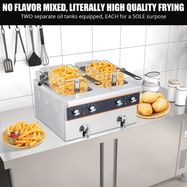 16 Litre Stainless Steel Electric Deep Fryer - 1800W Removable Basket, Timer & Drain Valve, Silver