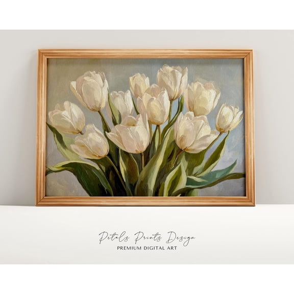 White Tulips Print, Vintage Floral Wall Art Home Decor #1767, Unframed Poster Size 8x12