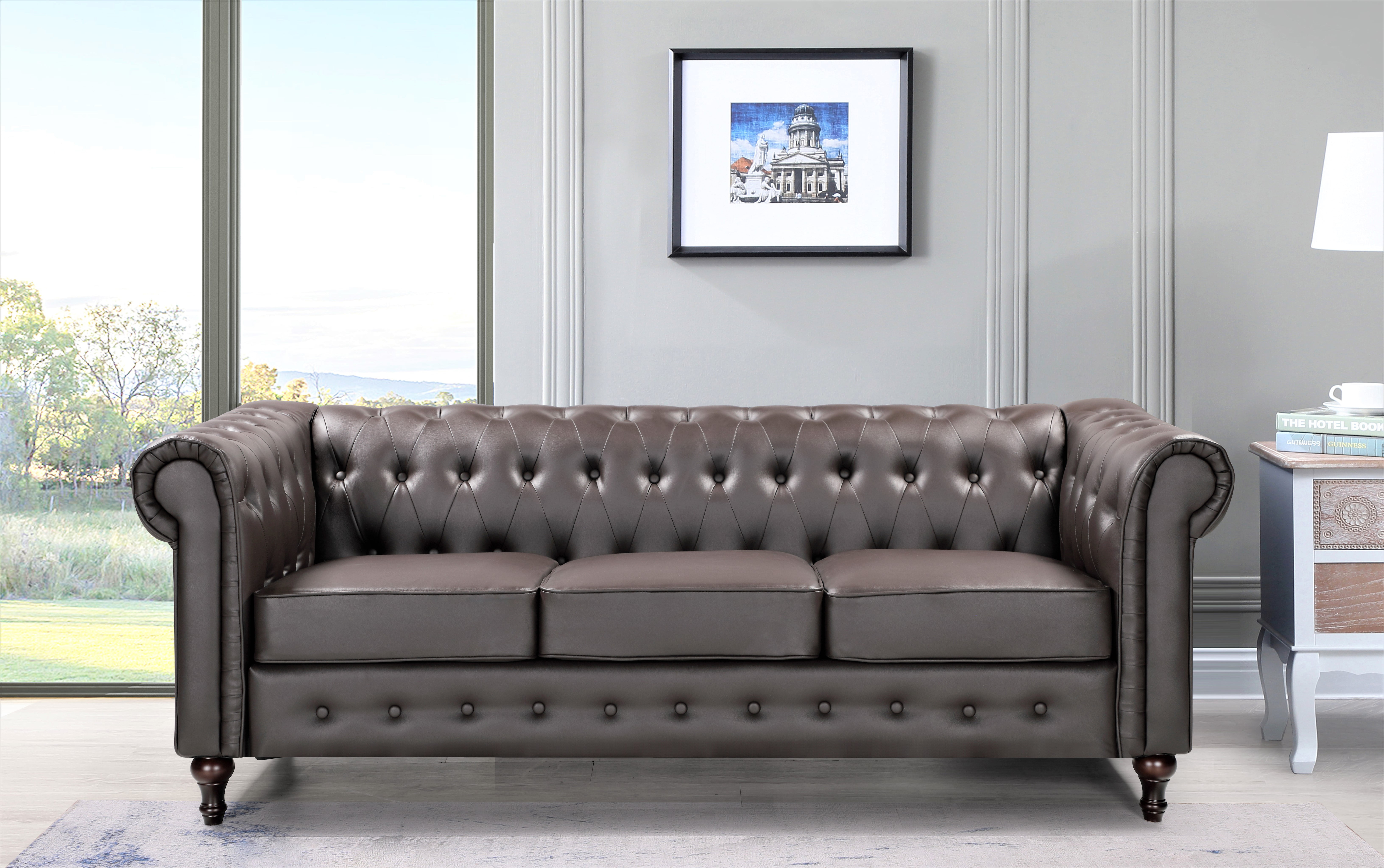 Oriskany Chesterfield Faux Leather Sofa Com - Leather Sofa With Removable Seat Cushions Uk