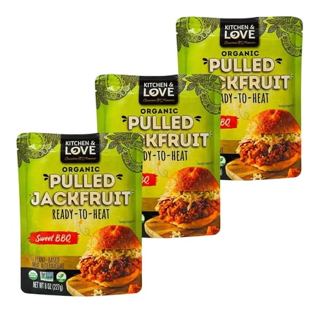 Kitchen & Love, Organic Pulled Jackfruit, Sweet BBQ, Plant Based Alternative Meat, Pack of 3