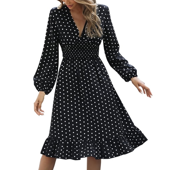 Baqcunre Long Sleeve Dress for Women Women's Autumn Solid Color Waist Wrap Show Thin Dot Print Long Sleeve Dress Dresses for Women 2024 Summer Dresses for Women 2024 Womens Dresses Black L