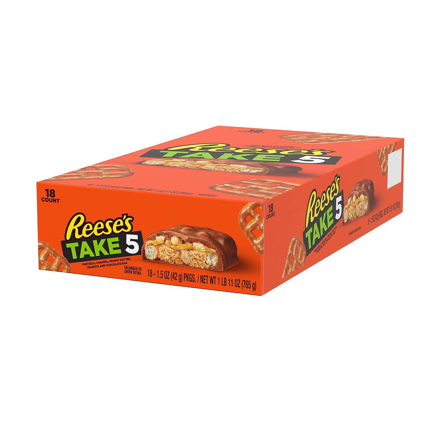Reeses Take 5 Pretzels, Caramel, Peanut Butter, Peanuts And Chocolate Candy, Bulk Candy, 1.5 Oz Bar (18 Ct)