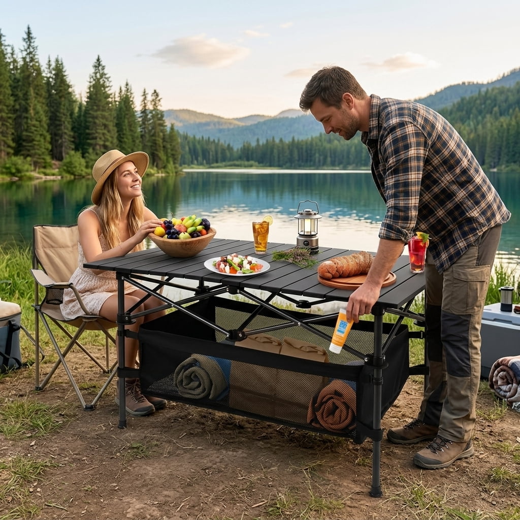 Folding Camping Table Portable Lightweight Aluminum Roll-up Picnic BBQ Desk with Carrying Bag Heavy Duty Outdoor Beach Backyard Party Patio