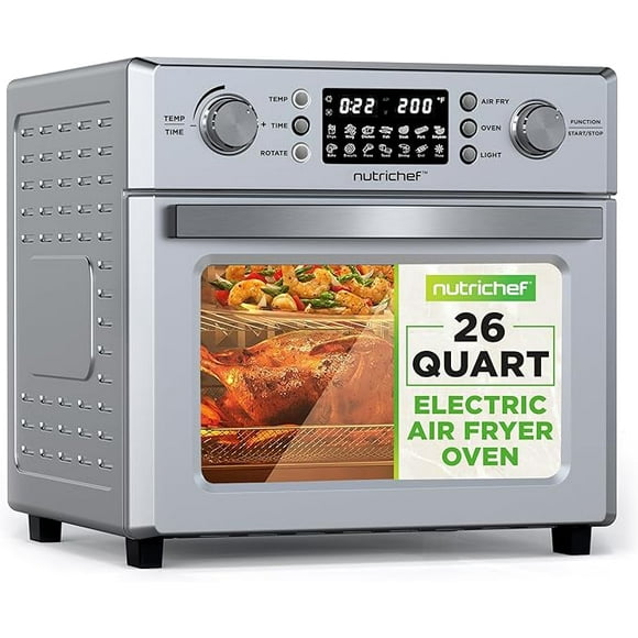 NutriChef 26L Electric Air Fryer Oven | 1700W Countertop Rotisserie & Air Fryer | 360° Rotating Feature | 10 Digital Menu Presets | Includes Drip Tray, Air Frying Basket & Bake Rack 15x16x14 (Silver)