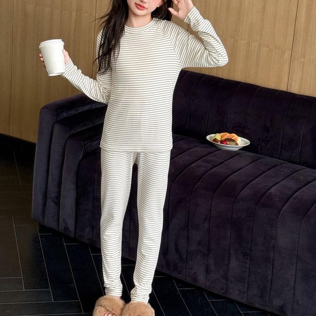 Conjuntos de blusas y camisas de cuello redondo y manga larga para niños, ropa de dormir de cuello redondo, conjunto de manga larga lisa, pantalones largos, ropa de hogar gruesa, prendas de poliéster