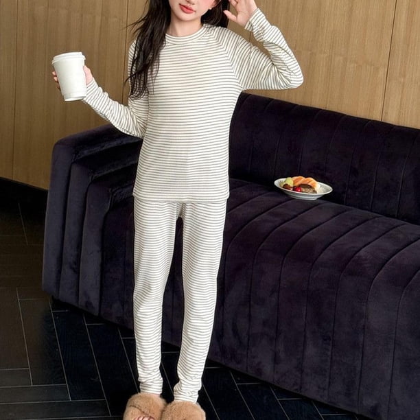 Conjuntos de blusas y camisas de cuello redondo y manga larga para niños, ropa de dormir de cuello redondo, conjunto de manga larga lisa, pantalones largos, ropa de hogar gruesa, prendas de poliéster