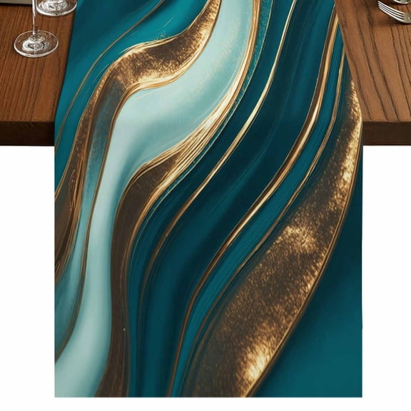 Table Runners 36 Inches Long Dress Scarves, Teal Marble Farmhouse Kitchen Table Runner, Short Coffee Tablerunners, Modern Abstract Gold Fluid Art 13x36 Inch