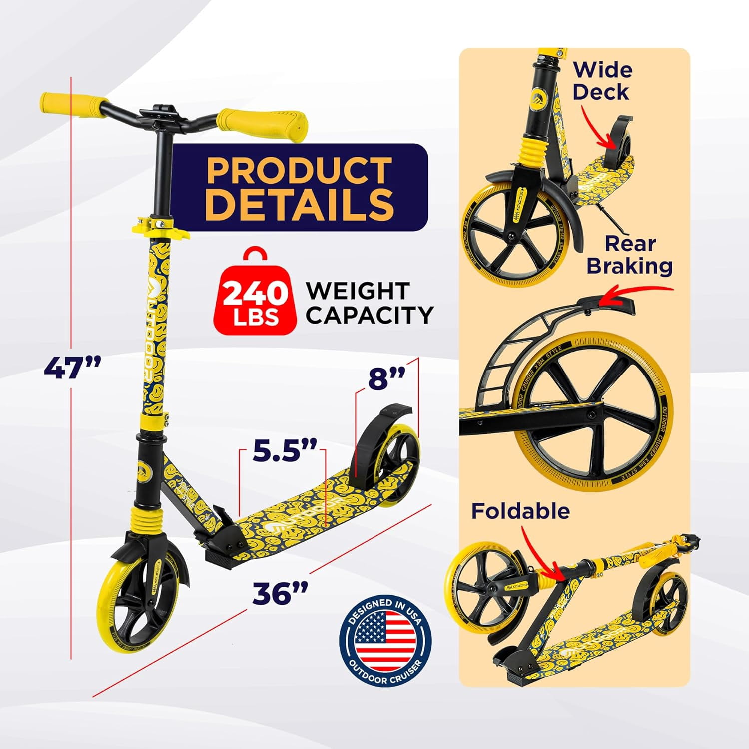 OutdoorCruiser Kick Scooter for Ages 6+, Kids, Teens & Adults, Foldable, Dual Suspension, 3-Level Adjustable Handlebar, Child Safety Approved, Yellow