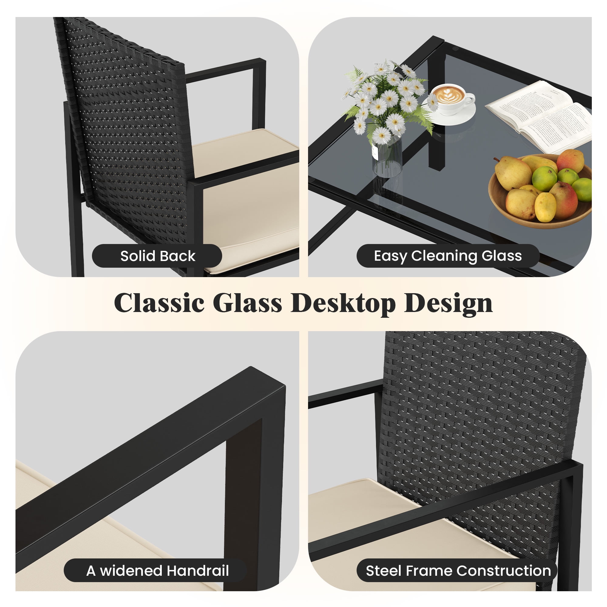 ELPOSUN Patio Furniture Sets for 4, 4 Pieces Patio Comversation Set with Glass Coffee Table,for Backyard Balcony Lawn Pool,Black/Beige