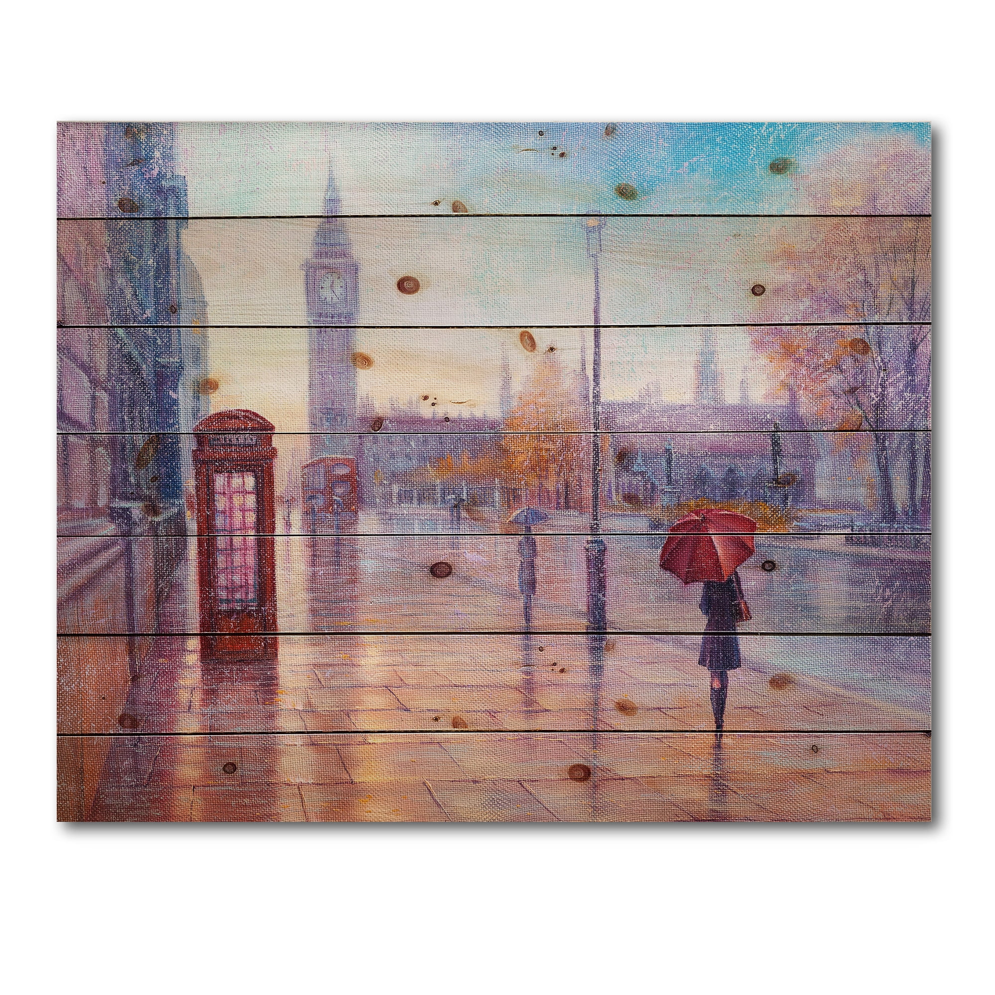 Designart 'Big Ben and Woman With Red Umbrella In London Street' French Country Print on Natural Pine Wood