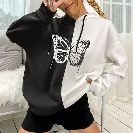 

Simplmasygenix Hoodies for Women Plus Size Women s Autumn and Winter Pullover Bottoming Hooded Dark Punk Style Print Stitching Long-sleeved Thin Loose Casual Hooded Collar Sweater Coat