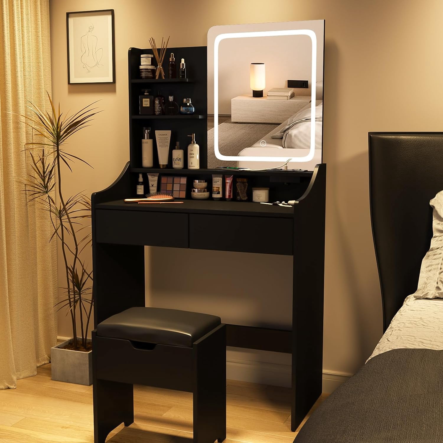 VEANERWOOD Makeup Vanity Set with Lights and Power Strip,Vanity Dressing Table with Drawers and Shelves for Bedroom,Black