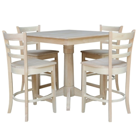 International Concepts 36" x 36" Square Top Pedestal Table With 4 Counter Height Stools (Set of 5) - Unfinished