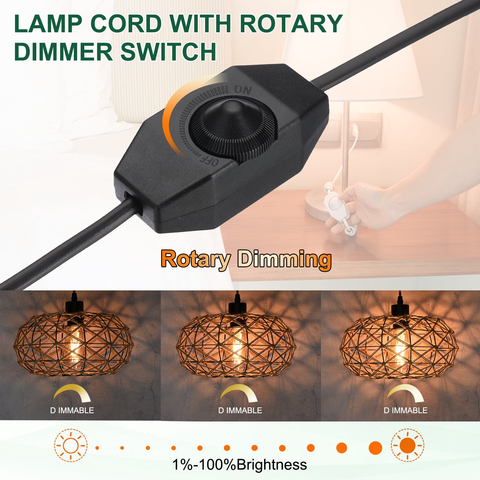 Uxcell 6 Feet Lamp Cord with Plug, 3 Set UL List Lamp Power Cord with Full Range Rotary Lamp Switch, Black