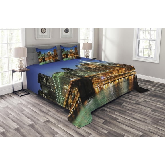 Ambesonne City Quilted Bedspread Set 3 Pcs, New York at Night Bridge, King Size, Multicolor