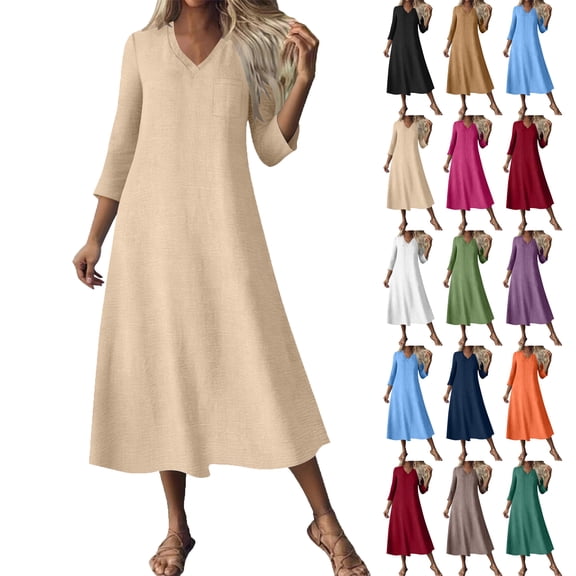 Lenago Dresses for Women V-Neck Solid Color Dress Casual 3/4 Sleeve Zipper Pocket Dress Medium Long Style Women Dresses