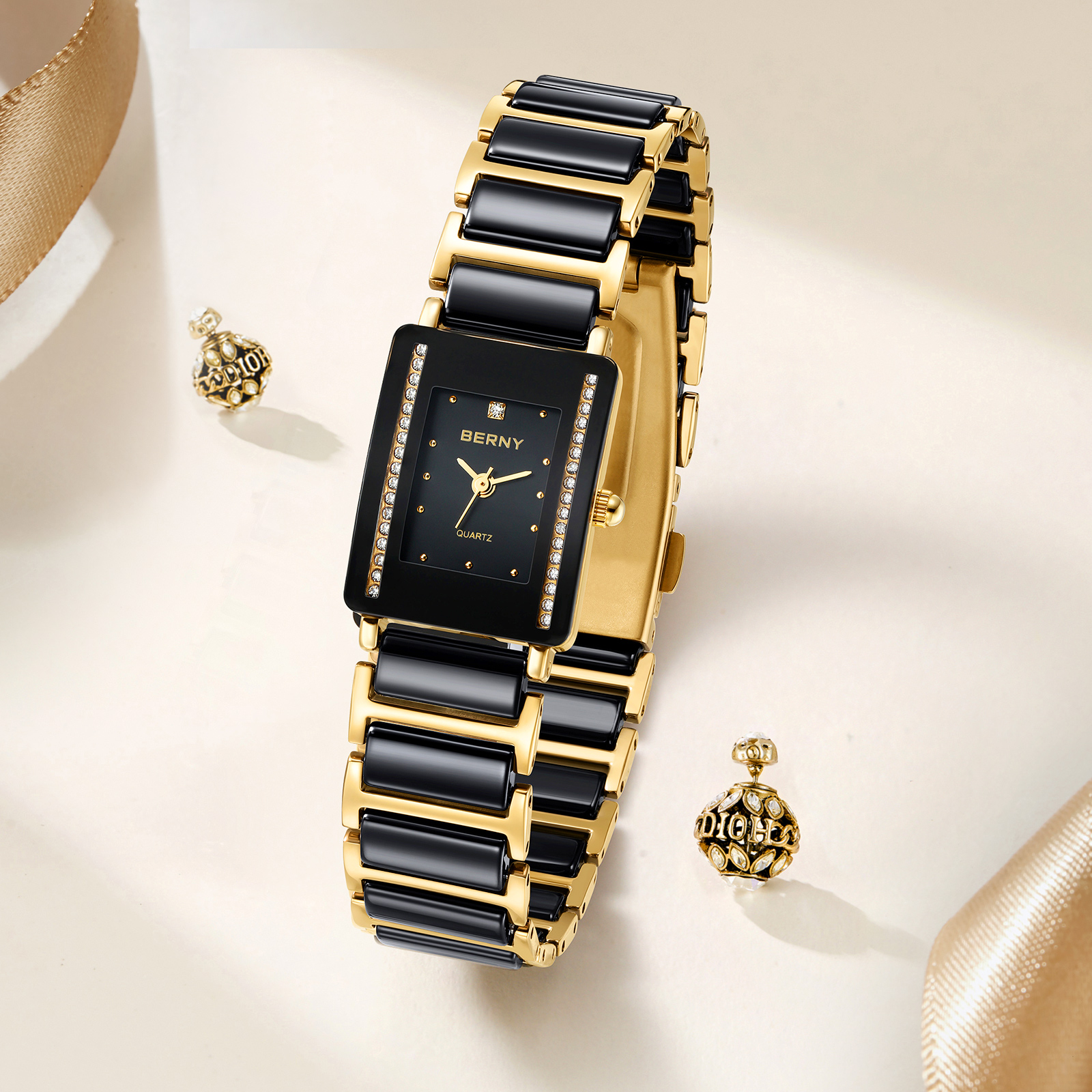 BERNY Watches for Women, Dainty Luxury Diamond Rectangular Case, Two Tone Stainless Steel Ceramic Bracelet Watch, Analog Quartz Waterproof, Fashion Ladies Small Dress Watch Gifts