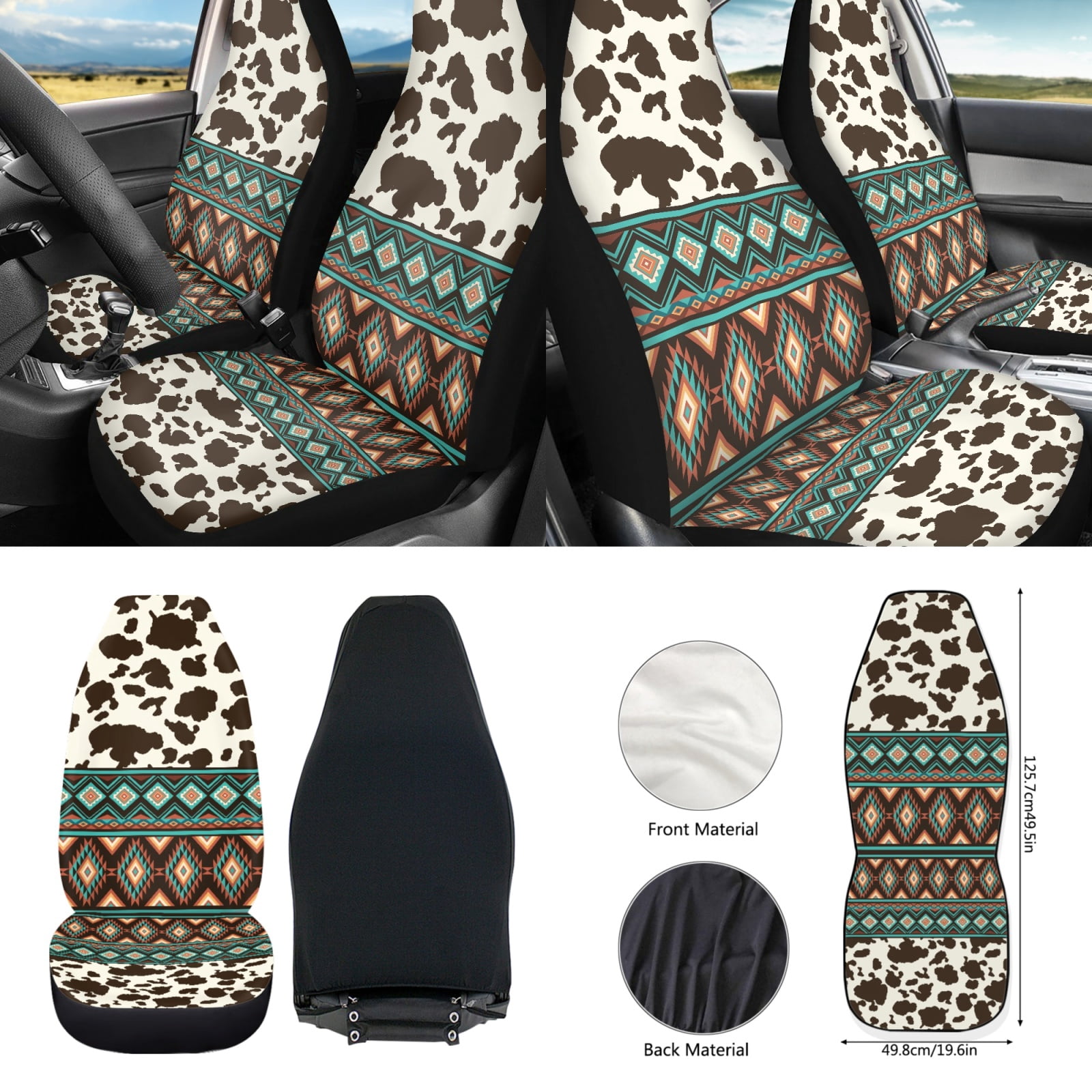 Yuyamidu Brown Cow Print Car Seat Cover Set with Steering Wheel Cover Aztec Seat Belt Pads Armrest Cover Garbage Can Aztec Air Vent Pouch Rearview Mirror Cover Coasters Keychain, 12 Pack